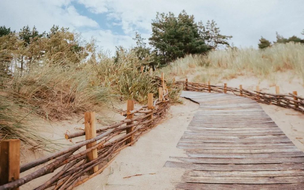 Drewniane zejście przez wydmy na szeroką plażę nad Bałtykiem w słoneczny dzień